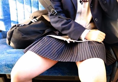 【パンチラ盗撮】電車の対面シートに座るJKちゃんの無防備な脚の間をじっくり撮影したった
