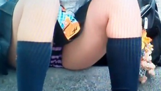 学校前で座り込んでる放課後JKちゃん、縞パンがずっと見えっぱなしｗｗｗｗ（動画あり）